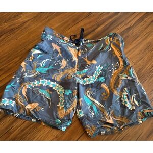 Patagonia Board Shorts Mens 32 Wavefarer Pocket Swim Fish Print Blue